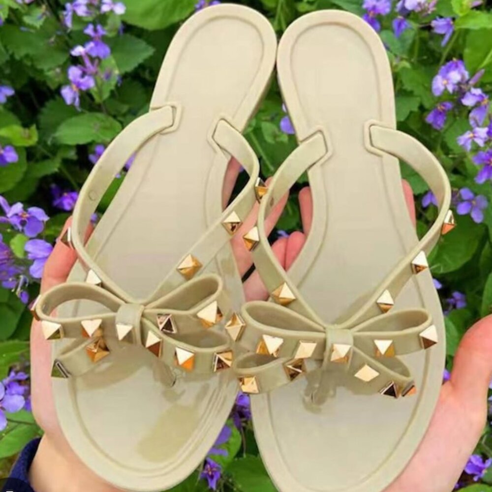 Womens Studded Jelly Flip Flops Sandals with Bow